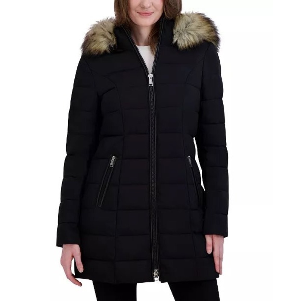 Laundry by Shelli Segal Black Faux Fur Trim Hooded Puffer Coat Womens Small NWOT